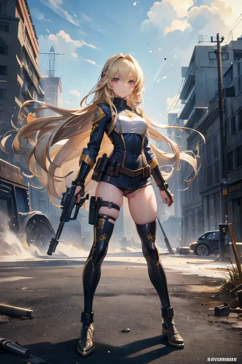 masterpiece,Highest quality,Very detailed,beautiful girl, teenager,Long blonde hair,Beautiful and detailed eyes,skinny,Small breasts, full body,Dynamic,Combat Uniform,gun,battlefield