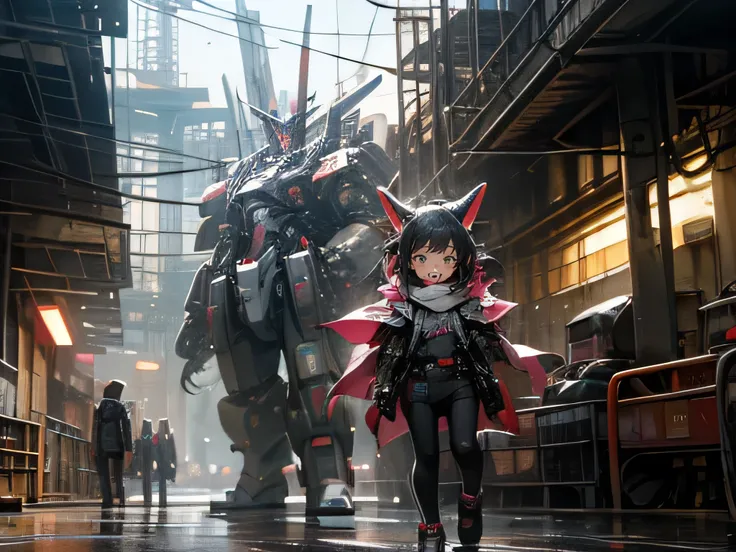 happy kids in front of cyberpunk mecha, wonderful background
