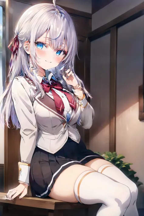 alisa mikhailovna kujou、blush,smile、silver hair、blue eyes、uniform、sexy thighs、beautiful legs、usual hairstyle、highest quality, hi...