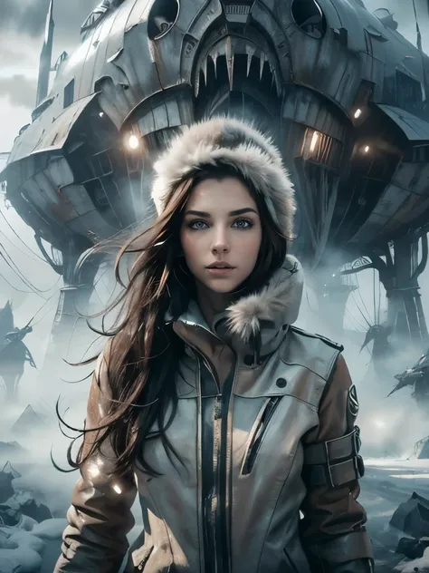 (masterpiece,ultra detailed,8k,photorealistic,cinematic lighting,dramatic lighting),(apocalyptic,snowy winter landscape),(beautiful young woman,23 years old,gorgeous european features,cleavage,long wavy brown hair,intense gaze,elegant pose),(giant futurist...