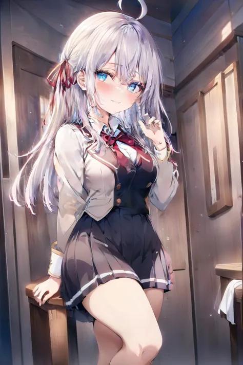 alisa mikhailovna kujou、blush,smile、silver hair、blue eyes、uniform、red ribbon、ahoge、usual hairstyle、beautiful legs、full body view...