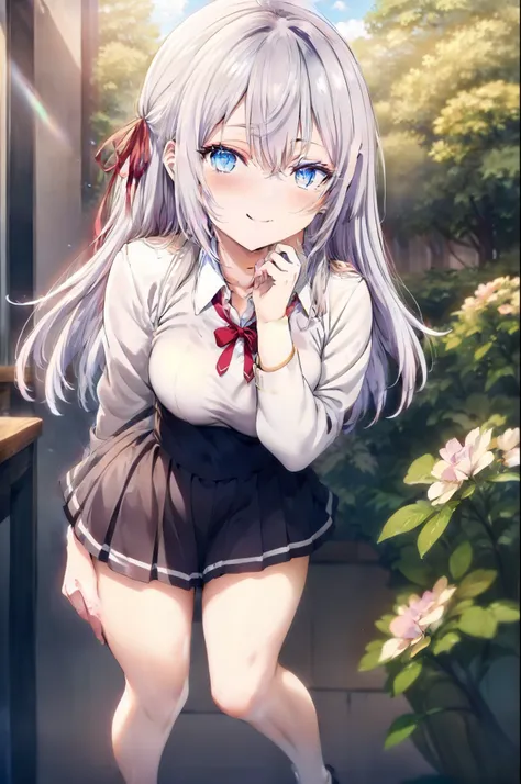 alisa mikhailovna kujou、blush,smile、silver hair、blue eyes、uniform、red ribbon、ahoge、usual hairstyle、beautiful legs、full body view...