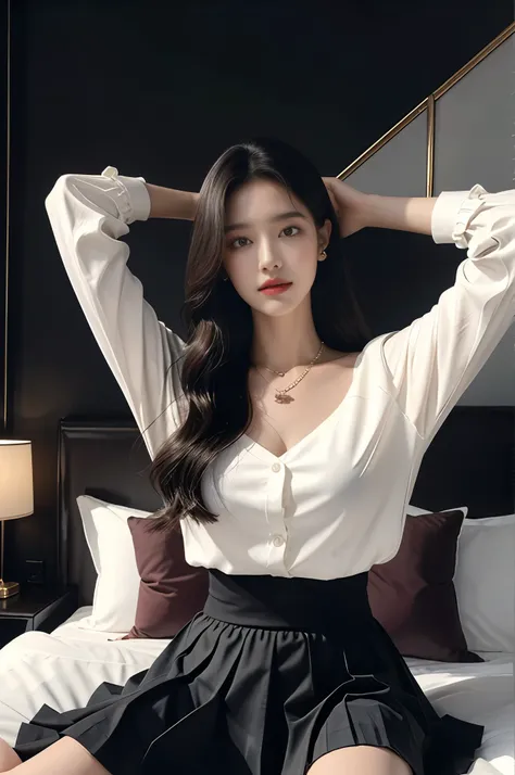 1 woman, Raise your arms, bed, Black color_hair, big bust, brown_eye, earring, bijouterie, soft lips, L~tog_hair, looking for_~to_viewer, assembly,big bust, necklace, ~to_bed, seat, raise a skirt, laugh, Spread your legs and make a disgusted expression