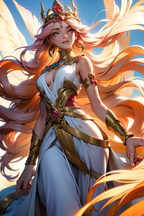 Empty desert scenery, under the scorching sun, the ethereal figure of Nahida stands out. With her distinctive long, wavy hair that cascades down to her waist, falling to one side, revealing her striking feathered headpiece. Her eyes, a captivating mix of a...