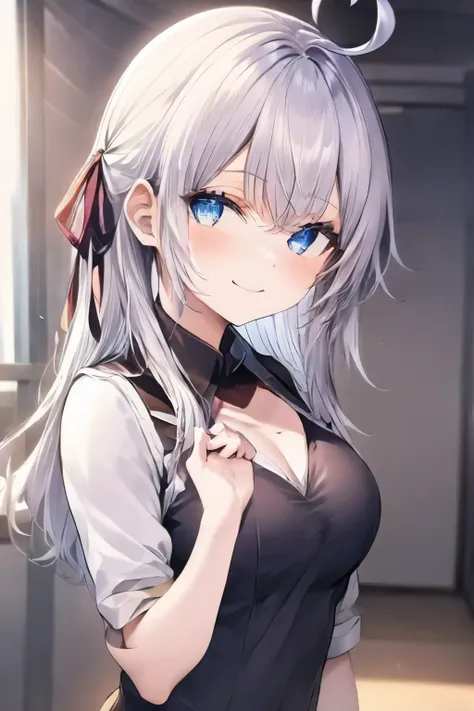 alisa mikhailovna kujou、silver hair、blue eyes、ahoge、girl、small breasts、girl、small breasts、bright smile、looks about 15 years old、...