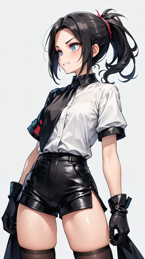Adult features tall ponytail Slit eyes laugh at Glare frivolous attitude Evil Face White shirt Black hot pants Black long gloves Black knee socks grassland profile