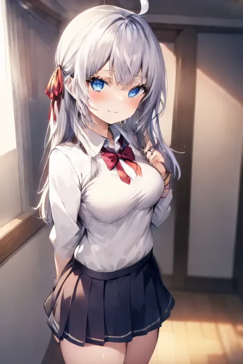 alisa mikhailovna kujou、silver hair、blue eyes、uniform、ahoge、beautiful legs、girl、small breasts、girl、small breasts、bright smile、lo...