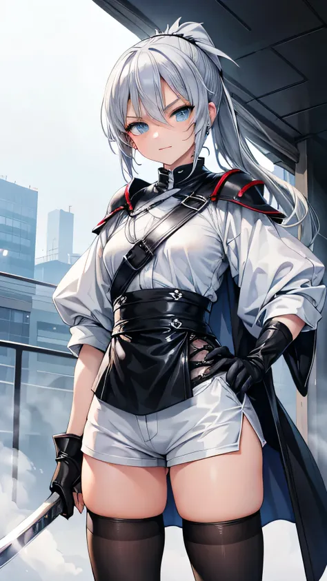 Adult features tall Light blue eyes Gray Hair ponytail Slit eyes laugh at Glare frivolous attitude Evil Face White shirt Black hot pants Black long gloves Black knee socks coat grassland Carrying a Japan sword on your shoulder looking at the camera