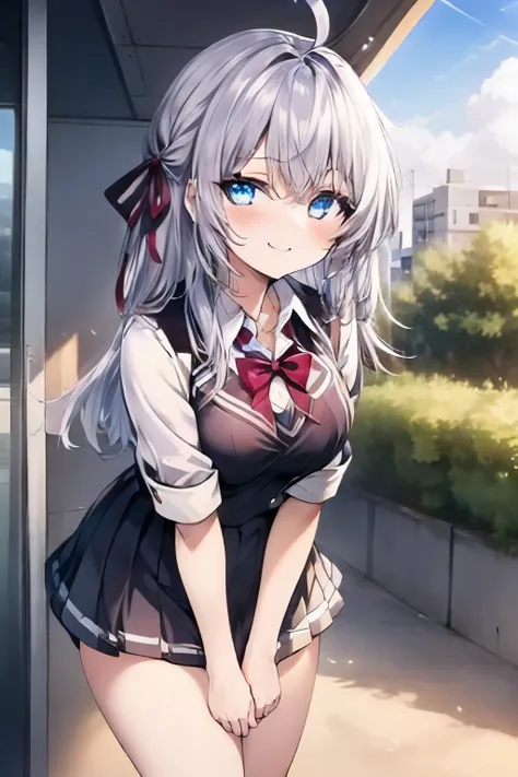 alisa mikhailovna kujou、silver hair、blue eyes、uniform、ahoge、beautiful legs、at 、small breasts、girl、small breasts、bright smile、loo...