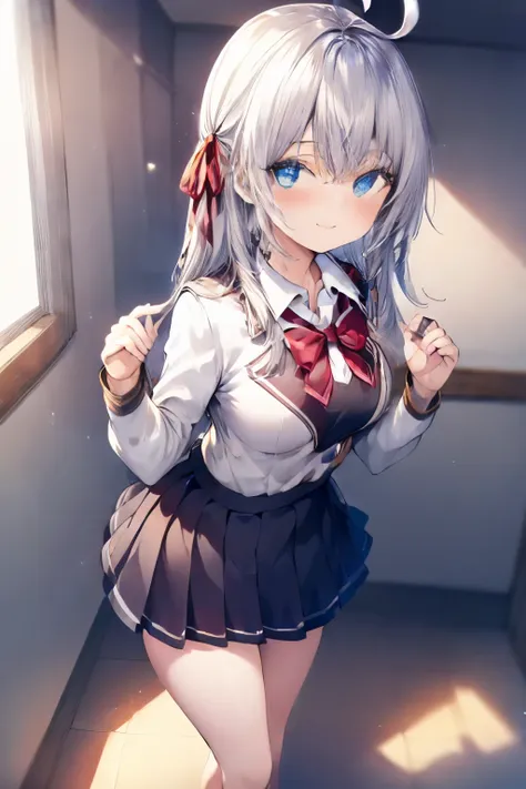 alisa mikhailovna kujo、silver hair、blue eyes、uniform、ahoge、beautiful feet、girl、at school、small breasts、girl、small breasts、bright...