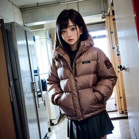 Down jacket、Medium Hair、flare skirt