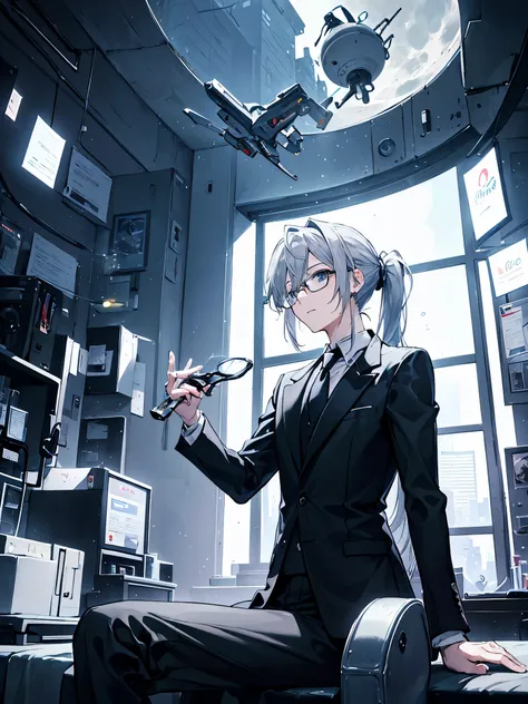 （Mastepiece）（High definition）Male android in his 20s、Gray Hair、ponytail、hat、Tuxedo、tie、Wearing round rimless glasses、Sitting、background（A science fiction-like electronic world、A space that feels like the inside of a machine、Virtual space、Near future、I can ...