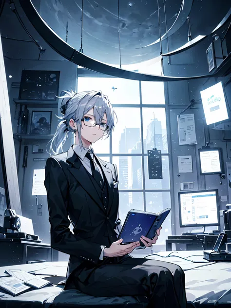 （Mastepiece）（High definition）Male android in his 20s、Gray Hair、ponytail、hat、Tuxedo、tie、Wearing round rimless glasses、Sitting、background（A science fiction-like electronic world、A space that feels like the inside of a machine、Virtual space、Near future、I can ...