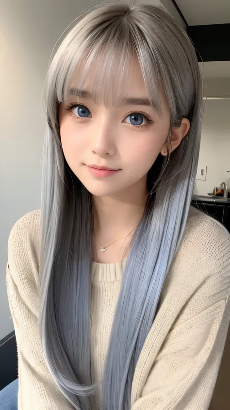 The Shining, clear, White skin、Her windblown silver hair hides her beautiful face..、Huge、14 years old、Cute sexy little beautiful face、Beautiful straight hair that stands out、growing up, Sparkling bright blue eyes、length, Silky bangs that cover cute eyes, S...