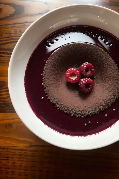 a bowl of acai, the photo has to be from above, there cant be anything on top of the acai, I need the scene to be of a wooden table