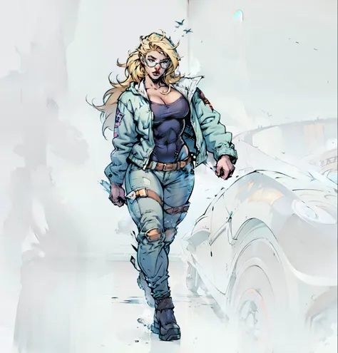 MARVEL COMICS WOMAN WITH JET BLACK SHADES GLASSES WEARING A BAKER SHIRT WALKING FORWARD BLOND HAIR BIG LARGE HIPS , NOT DEFORM FACE CREATE A GOOD NOSE , AND DONT DEFORM LEGS AND HER SHOWES