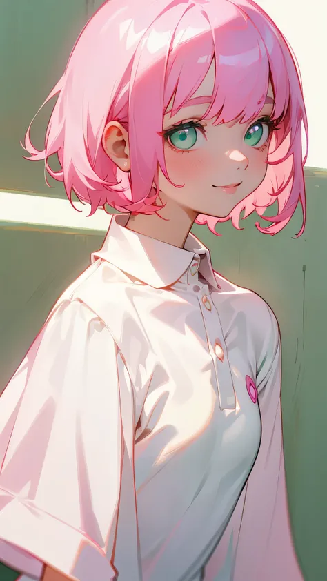 One Girl、single、alone、Trypophobia Eyes、Pink Hair、short hair、bangs、Green Eyes、Beautiful Eyes、White polo shirt、From the side、Upper body close-up、Side body、smile