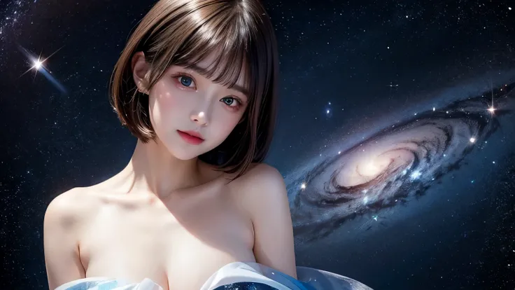 add_detail:1, starlight, stars, holding stars, glowing, space, 🌌, 1girl, young girl, curious expression, short hair, flowing hair, bangs, colorful detailed eyes, huge breasts, slim waist, upper body, from above