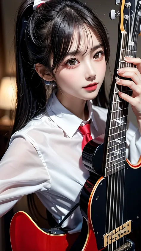 (1girl), (ponytail), black hair, (long hair), 
(((guitar, instrument, electric guitar, bass guitar, amplifier, gibson les paul, drum, acoustic guitar, speaker))), 
Slender, skinny, (turime), thick eyebrows, 
(school uniform), (sailor uniform), ((red sailor...