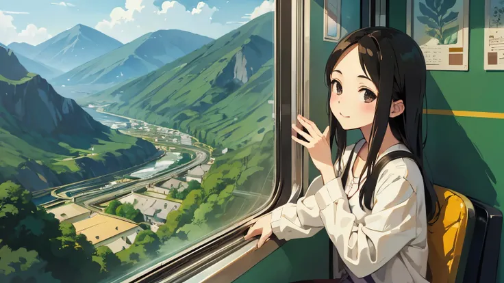 beautiful girl　cute　１0th Generation　Im on the train　Looking out the window　Ghibli-style illustrations　
