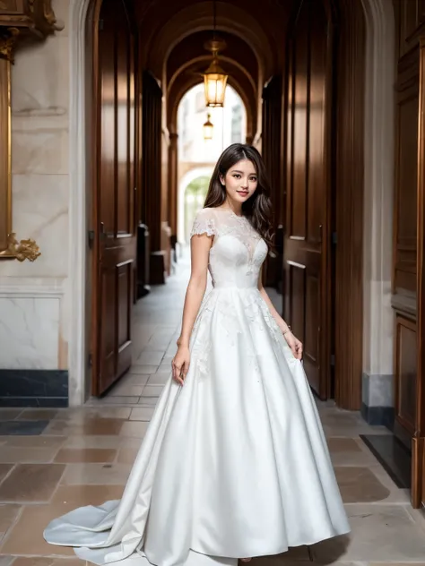 (Majestic style, Sophisticated and elegant, Sacred and Mystical:1.2),(wearing ball gown dress:1.2), In the hallway of Schloss Neuschwanstein、