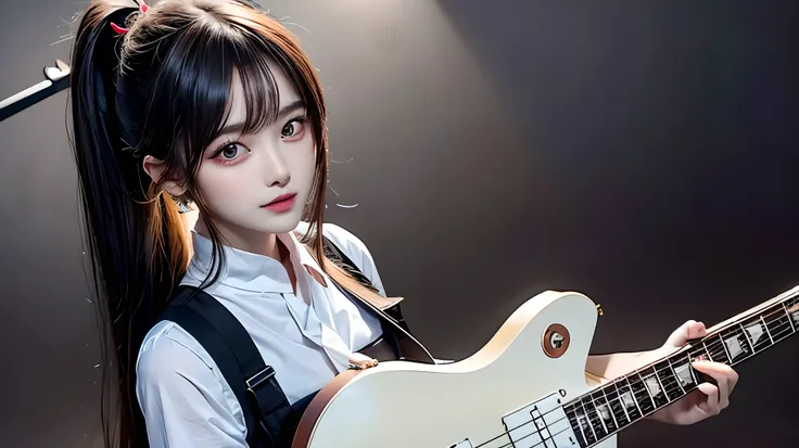 (1girl), (ponytail), black hair, (long hair), 
(((guitar, instrument, electric guitar, bass guitar, amplifier, gibson les paul, drum, acoustic guitar, speaker))), 
Slender, skinny, (turime), thick eyebrows, 
(school uniform), (sailor uniform), ((red sailor...