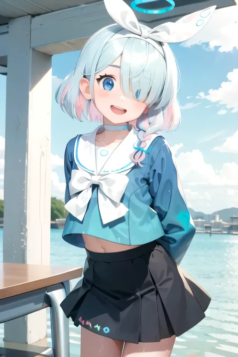 (masterpiece, best quality, highres, ultra detailed, detailed background:1.2), (beautifull, detailed face, detailed eyes), arona, 1girl, white hairband, bow hairband, halo, mechanical halo, short hair, single braid, blue eyes, two-tone hair, multicolored h...
