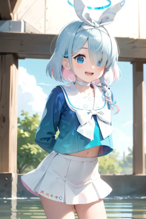 (masterpiece, best quality, highres, ultra detailed, detailed background:1.2), (beautifull, detailed face, detailed eyes), arona, 1girl, white hairband, bow hairband, halo, mechanical halo, short hair, single braid, blue eyes, two-tone hair, multicolored h...
