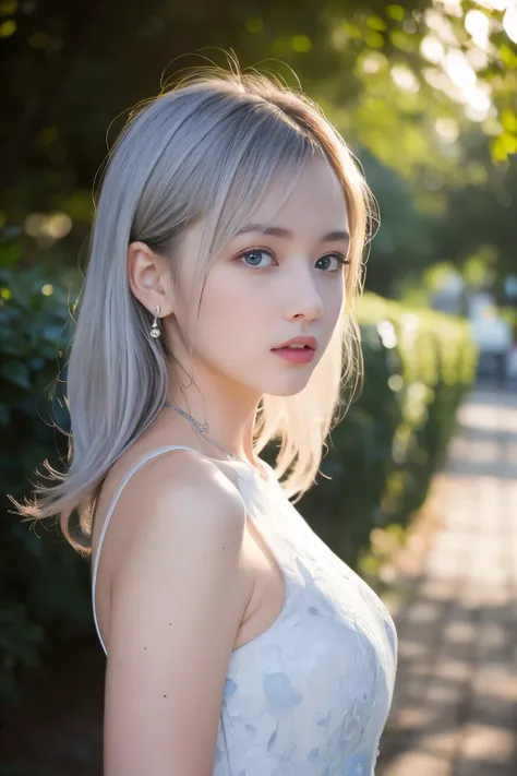 ulzzang-6500-v1.1,(RAW Photos:1.2), (Photorealistic), (See-through:1.3), (Genuine:1.4), ((masterpiece)),(Very realistic, High resolution, Detailed face, Beautiful Eyes), ((Glowing silver hair))、((blue eyes))、Pure beautiful girl、Cute droopy eyes Beautiful b...