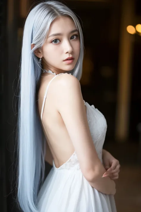 ulzzang-6500-v1.1,(RAW Photos:1.2), (Photorealistic), (See-through:1.3), (Genuine:1.4), ((masterpiece)),(Very realistic, High resolution, Detailed face, Beautiful Eyes), ((Glowing silver hair))、((blue eyes))、Pure beautiful girl、Cute droopy eyes Beautiful b...