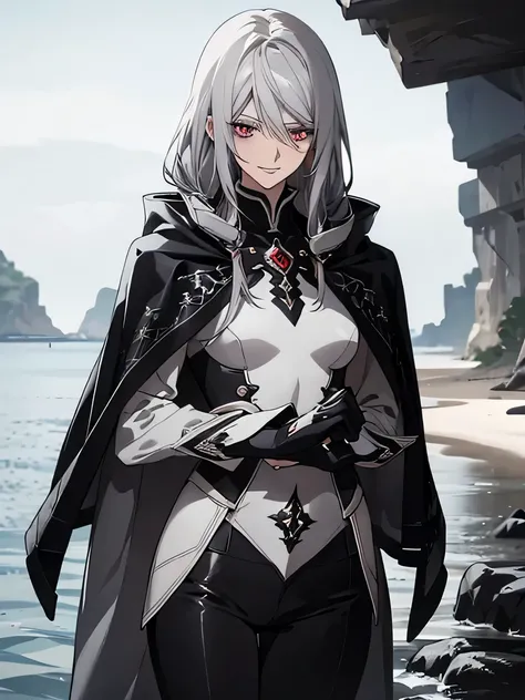 (Confused, High resolution, Very detailed), 1 female, Silver Hair,Long Hair,Crimson Eyes,Black and white suit,24th generation,beauty,mature,thin,quiet,Calm,A small smile,A shy smile,Long Cape,slender,skinny pants,Seaside,Small breasts,