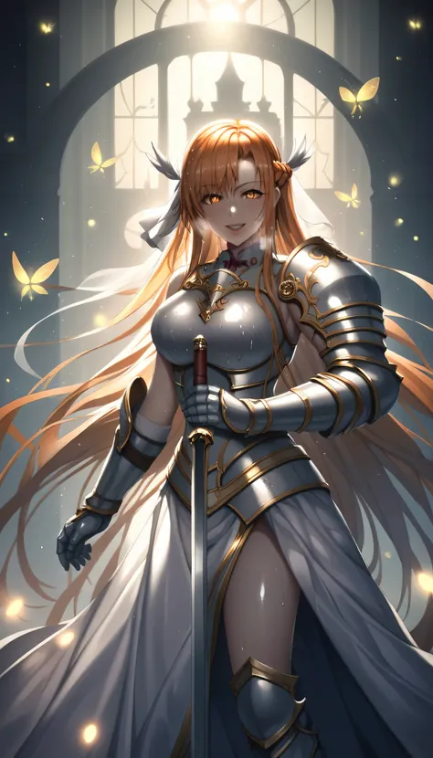 score_9, score_8_up, score_7_up, score_6_up, uncensored, Yuuki Asuna, absurdly long hair, orange eyes, orange hair, very long hair, lips, shiny skin, sweating, wet, wet hair, steaming body, heavy breathing, large breasts, detailed body, detailed eyes, smir...