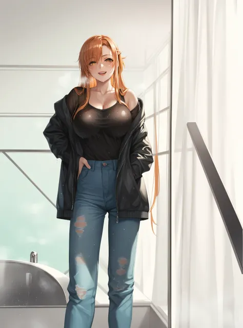 score_9, score_8_up, score_7_up, score_6_up, uncensored, Yuuki Asuna, absurdly long hair, orange eyes, orange hair, very long hair, lips, shiny skin, sweating, wet, wet hair, steaming body, heavy breathing, large breasts, detailed body, detailed eyes, smir...