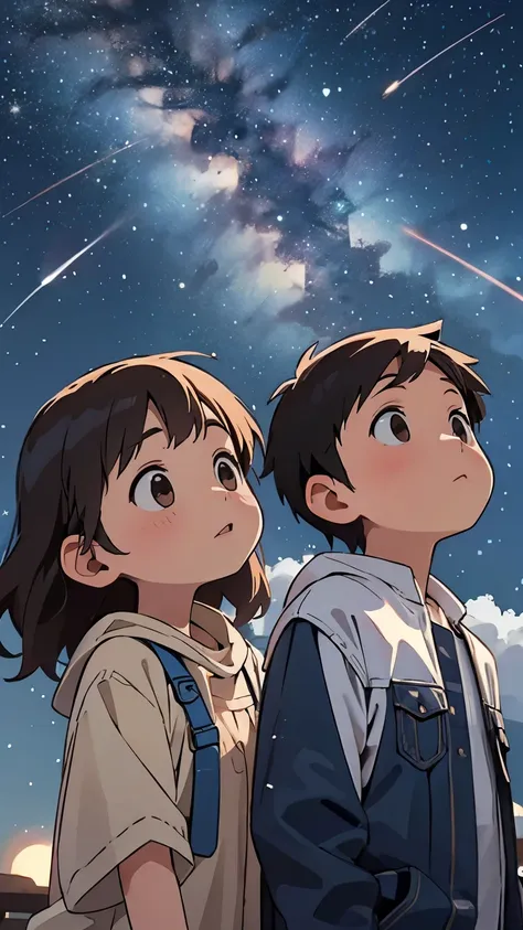 children looking up at the milky way, one shooting star, summer night sky,