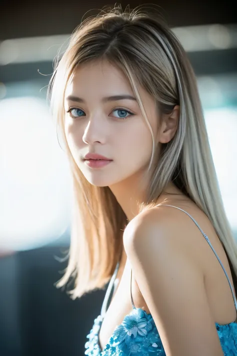 ulzzang-6500-v1.1,(RAW Photos:1.2), (Photorealistic), (See-through:1.3), (Genuine:1.4), ((masterpiece)),(Very realistic, High resolution, Detailed face, Beautiful Eyes), ((Glowing silver hair))、((blue eyes))、Pure beautiful girl、mysterious、Cute droopy eyes ...