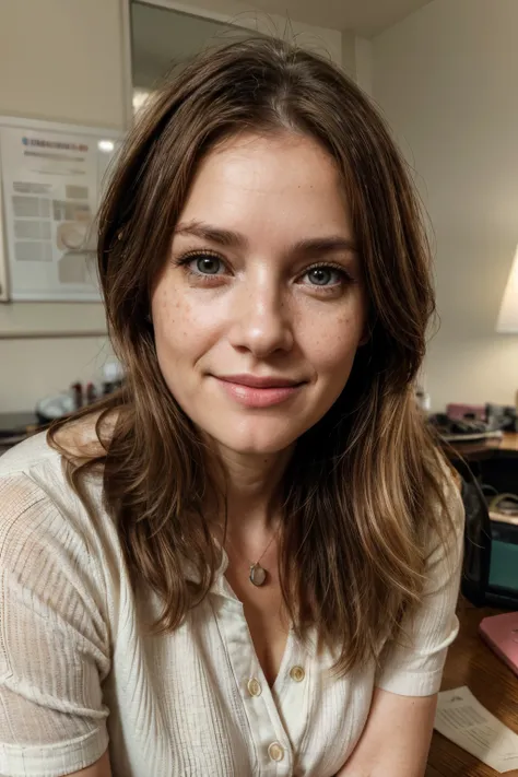 A close-up portrait shot of Dr. Amanda Eversfield, a warm and approachable woman in her late forties with a kind face, sitting at her desk in a modern clinic, her expressive hazel eyes reflecting empathy and understanding, fair skin with a light sprinkling...