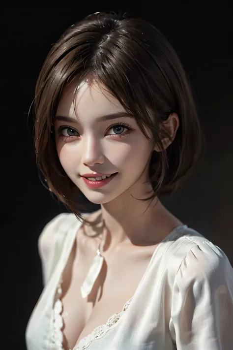 ((masterpiece)), ((Highest quality)), ((Complex)), ((Surreal)), (Realistic), (Mature Woman), ((There are no classes)), Very detailed, (1 female), Beautiful and exquisite, (Beautiful Teeth), Grin, Brunette Bob Hair, Brown eyes, ((blouse)), (Upper Body), (ba...