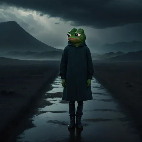 Pepe the frog A dark and desolate landscape, a lone boy standing amidst the gloom, (1 boy), dark and moody atmosphere, grim and ominous, brooding clouds, eerie lighting, muted colors, (((pepepals_frog))), highly detailed, cinematic, photorealistic, masterp...