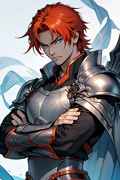 one men, orange red hair, Cao Cao, stark, black armour, crossed arms, perfect hands, perfects eyes, blue colored eyes, one silver hand, perfect face
