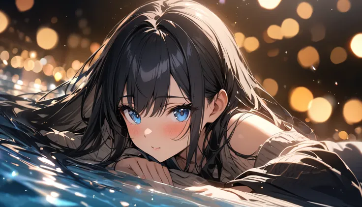 Full resolution, Highest quality, masterpiece, Full HD, Bokeh, particle Bokeh, Depth of written boundary,  Beautiful girls, Very detailed, One girl, pretty girl, Black Hair, Long Hair, Blue water eyes