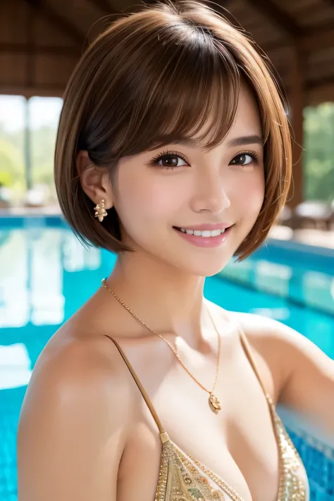 Clear Beauty、Light brown hair、Short Haircut、Necklace around the neck、Closed Mouth Smile、Woman in swimsuit、Intricate details, Very detailed:1.2), 、 Looking into the camera,background is indoor pool、ear piercing 