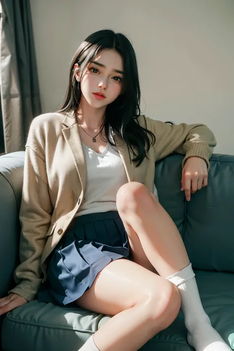 1 girl，sit on a comfortable sofa，cross legs，soft light，18-year-old school girl，Wear it with a navy skirt and blazer.，Short white socks，best quality，I really like the details on the eyes and face.，4K。