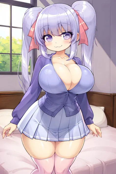 (masterpiece, best quality), 1girl, big breasts, small hips, light lavender hair, lavender eyes, twin tails, hair ribbons, cleveage, half buttoned cardigan, pleated skirt, cute bedroom, white high thigh socks, (Shuz), cute smile, :3, blushing, 