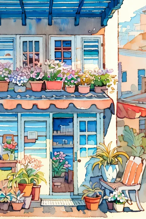 Flower store, coffee spot, tables, chairs, no one, windows, flowers, plants, potted plants, watercolor (medium), landscapes, doors, air conditioning, paintings (medium), traditional media, houses, outdoors, balconies, architecture,