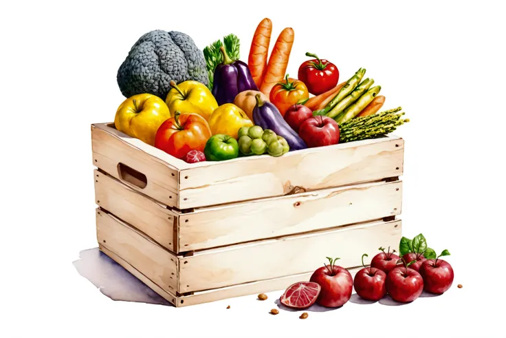 a wooden box with a lot of healthy food, illustration, isolated with solid white background, surrounded with negative space, centered composition, 8k, highest detailed painting, very precise painting, Isolated, clear solid white background, perspective ang...