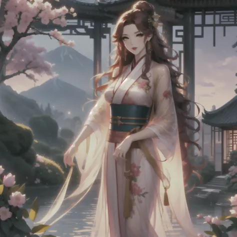 best quality, masterpiece, detail:1.4,hdr, HighDynamicRange, Ray traching,Research-usory interface,NVIDIA RTX ill herding, PBR textures, post processing, anisotropy filtering, Golden eyes, red wavy long hair woman, hanfu, elegant, detailed skin texture, de...