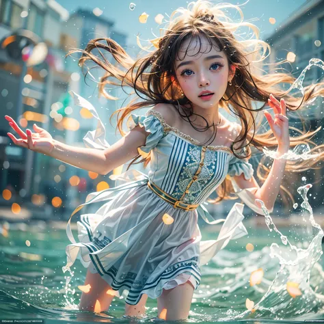 (8K TopQuality masterpiece: 1.2)(Realistic ProfessionalPhoto:1.37), VolumetricLighting. Tiny Girls, girl jumping into the water、Falling、splash water、shout、Luminous water surface、White and Bright colors, back lighting, Radiant PearlSkin, Elaborate pupil wit...