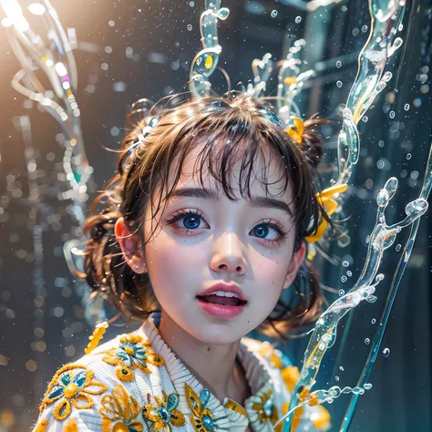 (8K TopQuality masterpiece: 1.2)(Realistic ProfessionalPhoto:1.37), VolumetricLighting. Tiny Girls, girl jumping into the water、Falling、splash water、shout、Luminous water surface、White and Bright colors, back lighting, Radiant PearlSkin, Elaborate pupil wit...
