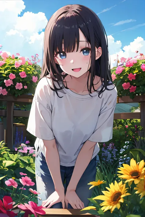 Masterpiece、Anime Coloring、Ultra fine、、、One Girl、Open your mouth wide、Lower Angle、cowboy shot、looking at the camera、smile、blush、Watery eye、Parted bangs、DullＴshirt、Leaning forward、garden、blue sky、sunny、Detailed hands