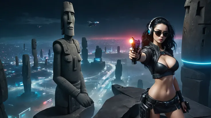 At night, dark sky, distant shot aerial view of fantasy cyberpunk style ((Moai-statue)) city, ((flying vehicle)). ((1girl, solo, alone)), medium-breast:1.1 slim body, cleavage, sexy clothes, (headphone, black sunglasses, long black realistic hair), (((hip-...